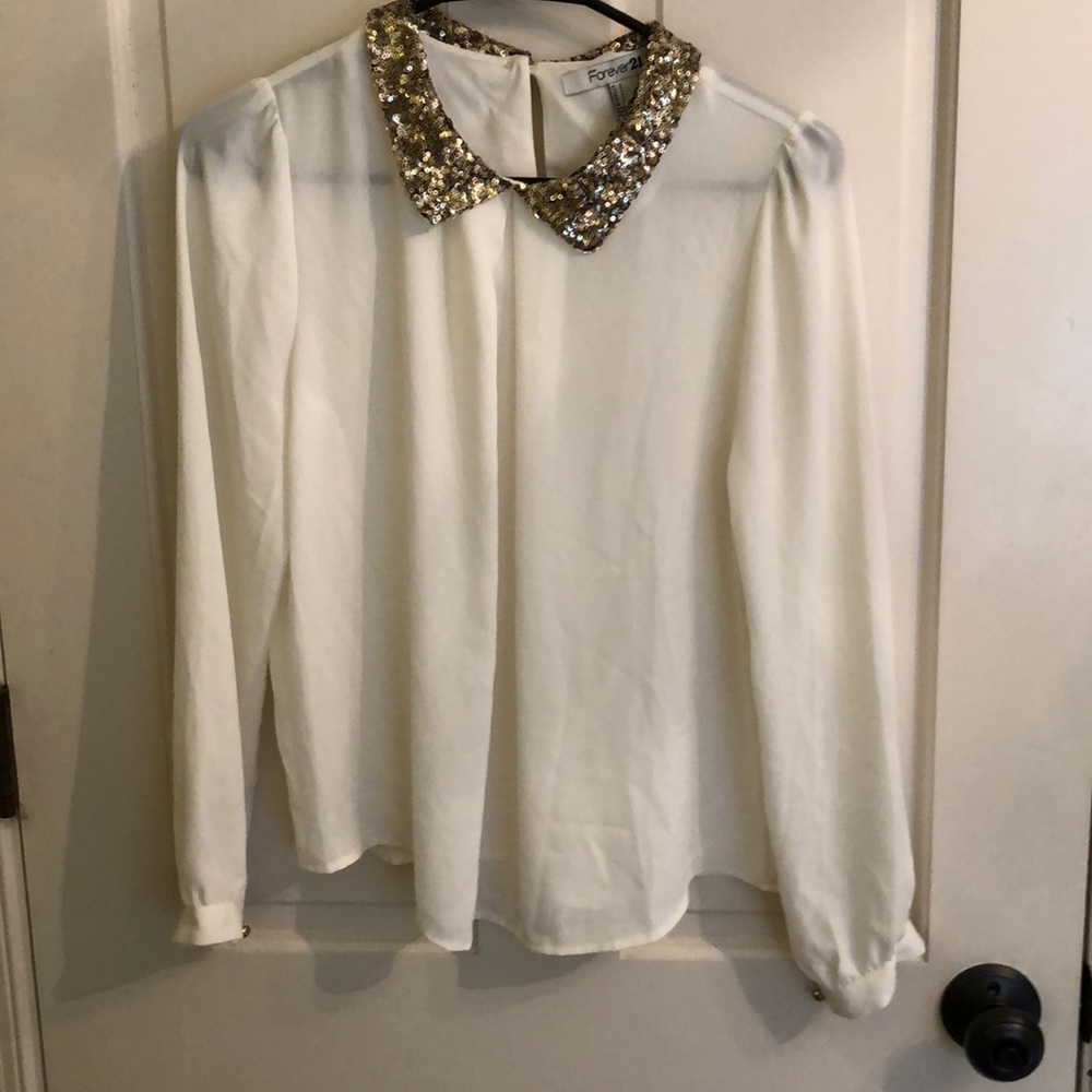 LS Holiday Blouse: Cream w/ Gold Sequin Collar